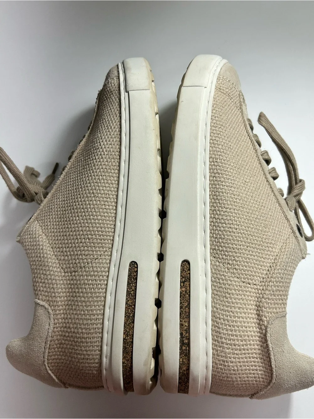 Birkenstock Low Bend Beige Canvas & Suede Lace Up Cork Midsole Sneakers Size 7 - Picture 12 of 14
